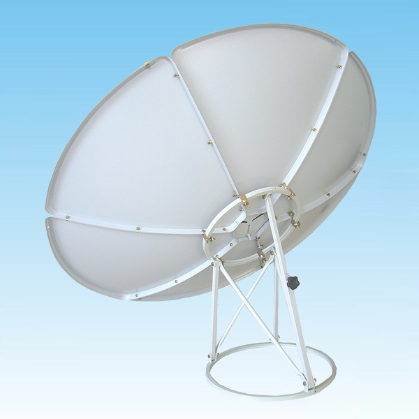 120 cm C-band prime-focus satellite dish with support stand, shown at an angle